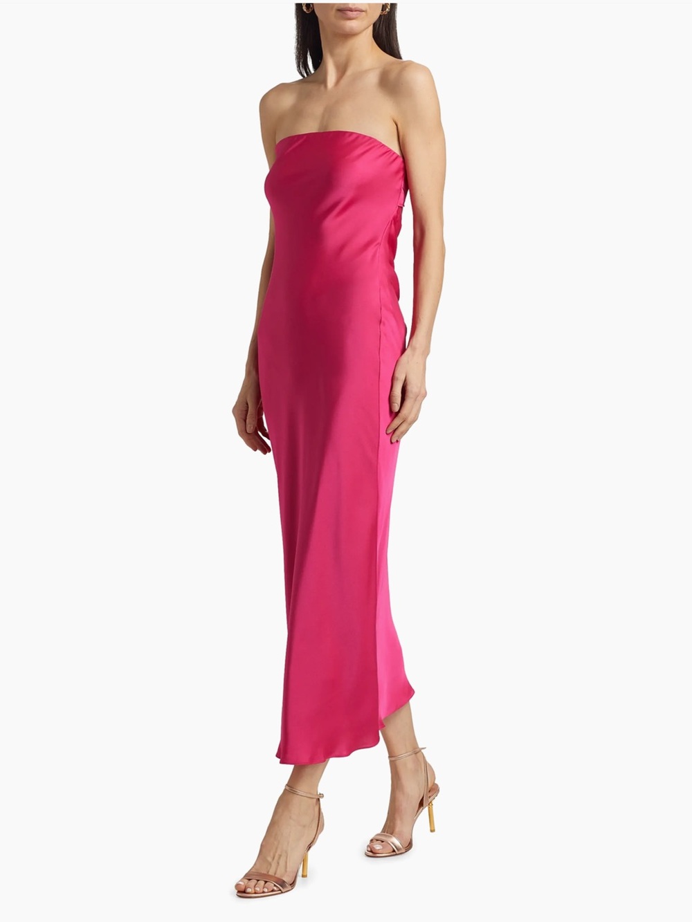 Ramy Brook Strapless Satin Midi Dress in Hot Pink